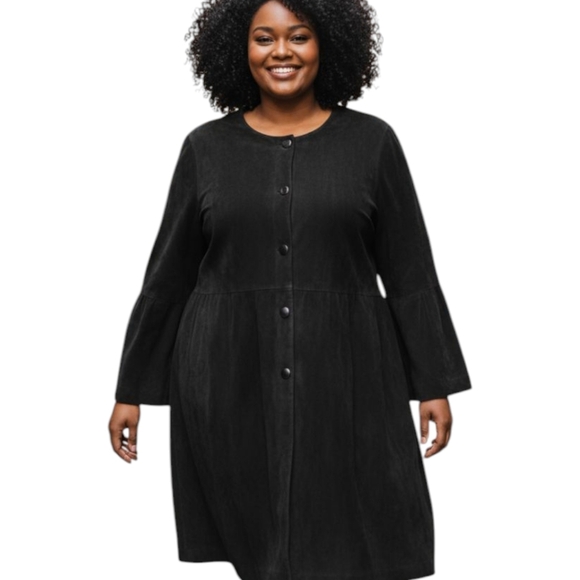 Vtg Black suede leather Snap Up chic minimalist drop waist bell sleeve midi 1X - Picture 1 of 12